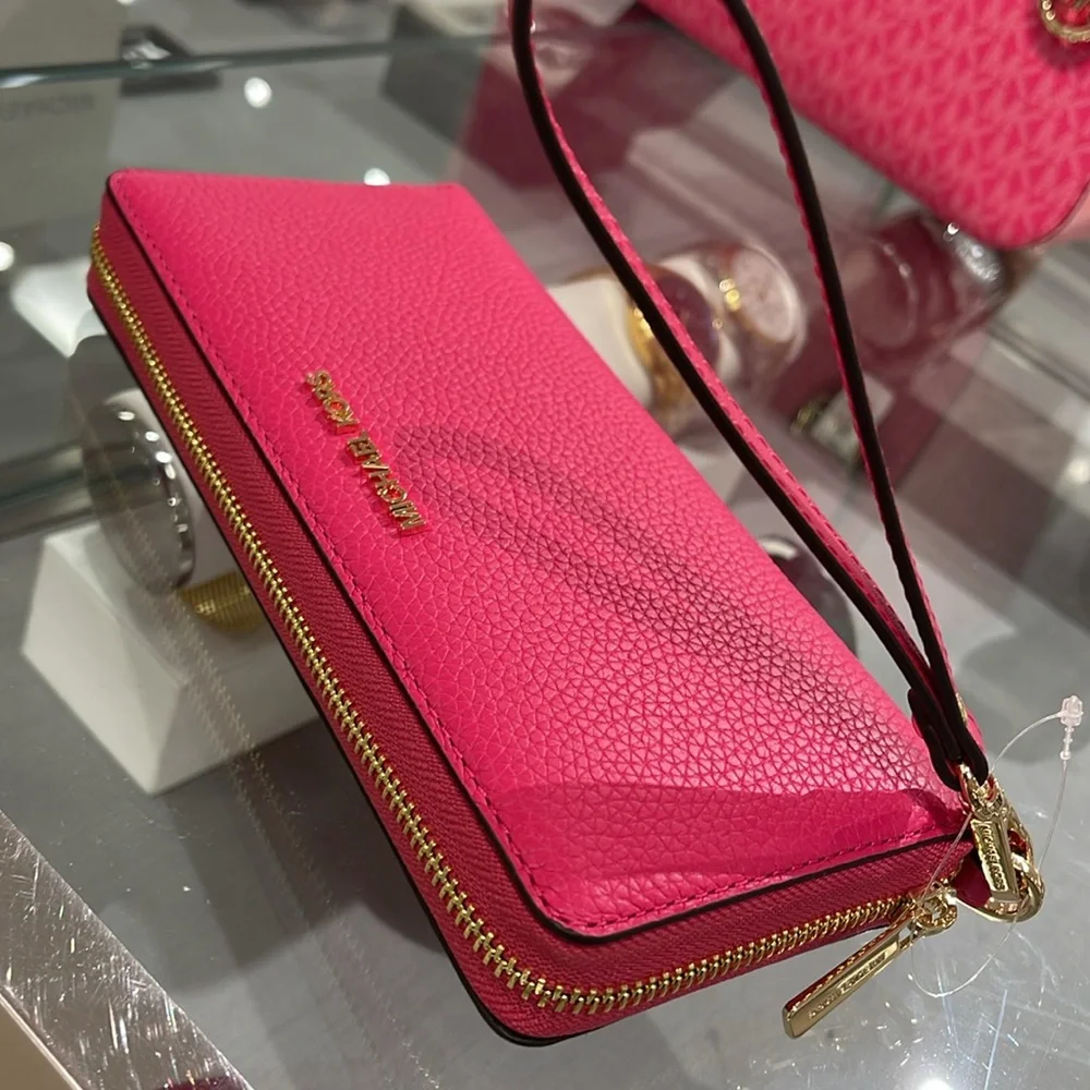 MICHAEL KORS Leather Continental Wristlet Phone Case Wallet Electric Pink NWT